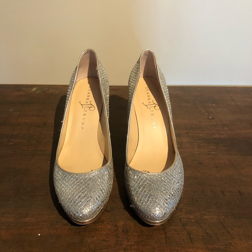Silver shimmer pumps with 3in gold heel